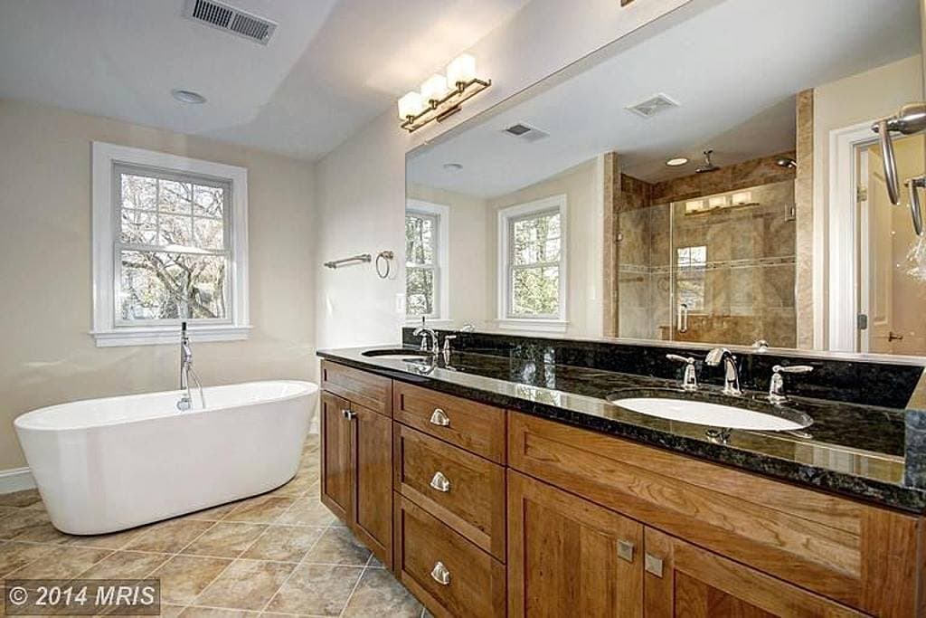 Wood shaker master bathroom vanity